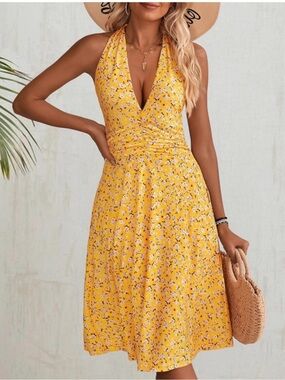 HUHOT Yellow Floral Halter Midi Dress - Sunny Floral Size Medium